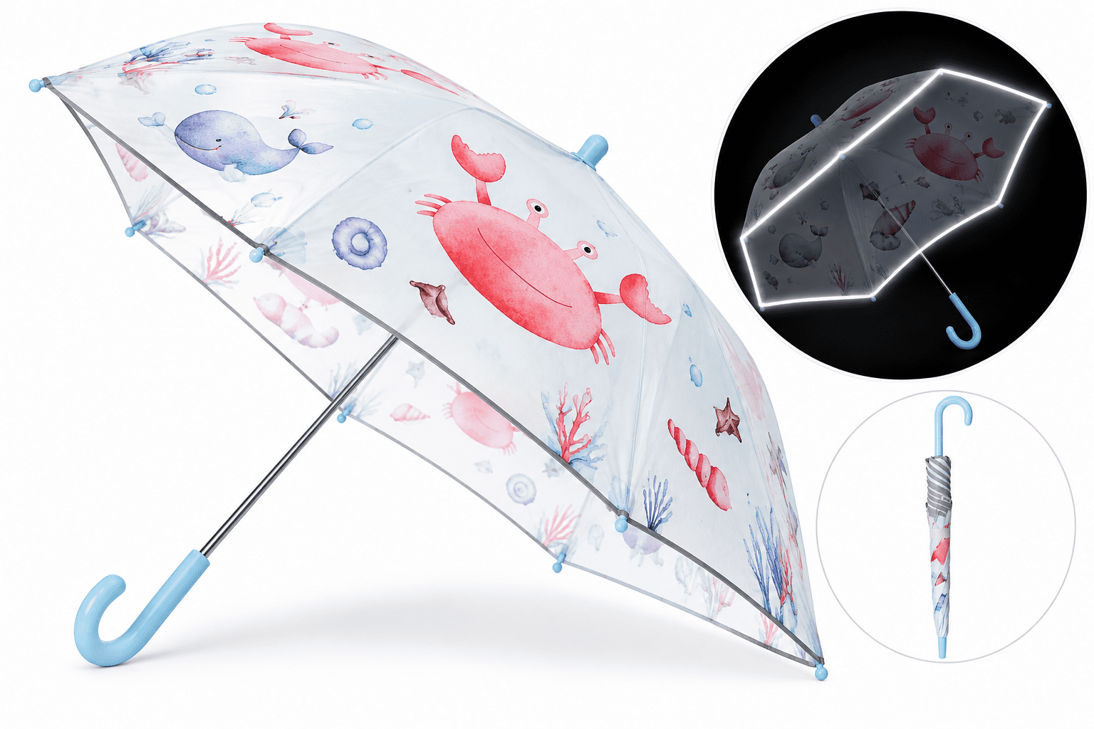 Kinder Regenschirm reflektierend Sicherheitsschirm maritim Fische Krabbe Leuchtturm