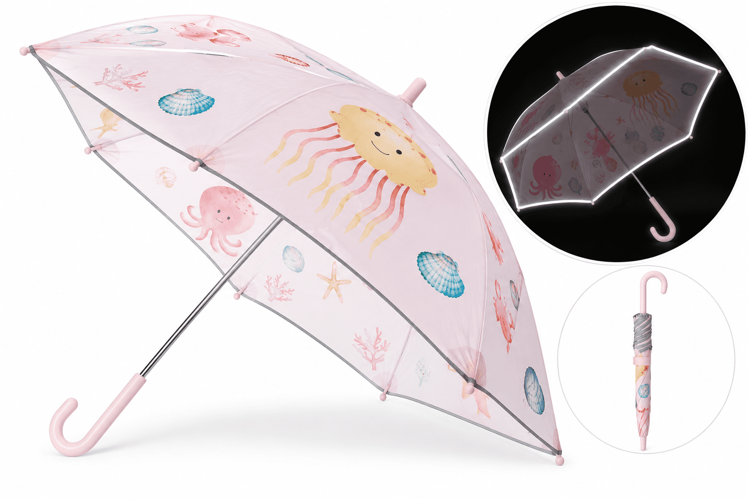 Kinder Regenschirm reflektierend Sicherheitsschirm maritim Fische Krabbe Muschel Qualle rosa