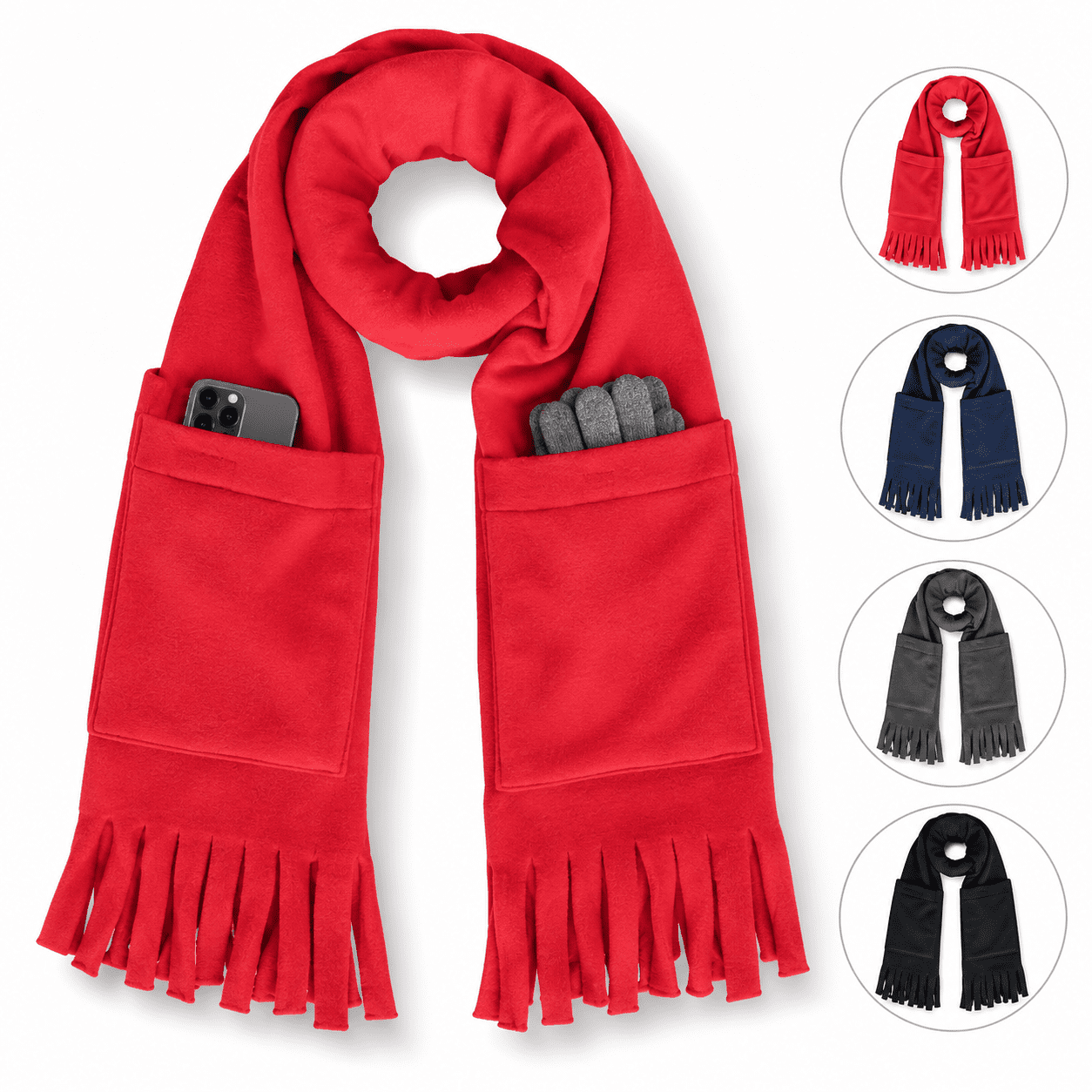Kuscheliger Fleece-Schal mit Fransen und Taschen zum Händewärmen